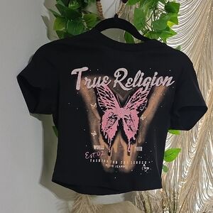 True Religion Black Tee with Pink Butterfly Graphic